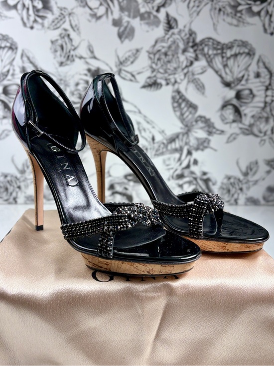 Gina Shoes - Gina Patent Leather 5” Cork Wrapped Platform Heel w/ Rhinestone Strap, Sz 11